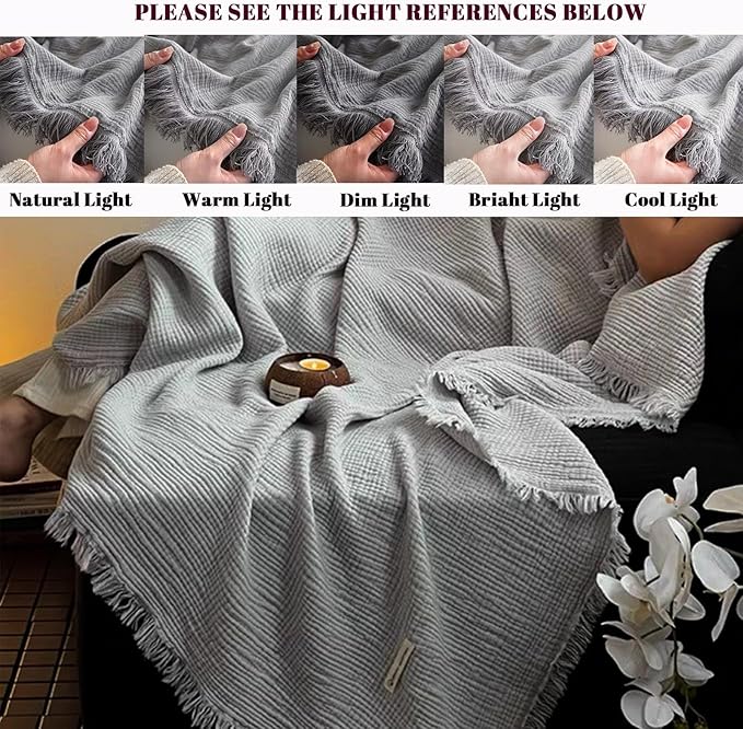 MorroMorn 100% Cotton Queen Size Bed Blanket 80"x90" Muslin Blanket with Fringes, 4-Layer Gauze Blankets for Adult, Boho Bedding Breathable Lightweight Ultra-Soft for All Seasons, Grey
