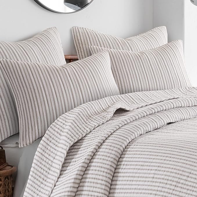 Levtex Home Tobago Stripe Taupe Reversible Full/Queen Quilt Set (88x92in) and 2 Pillow Shams (26x20in) - Striped - Taupe, White - Cotton Full/Queen Size Quilt Bedding Set - Lightweight Soft Pre-Washed