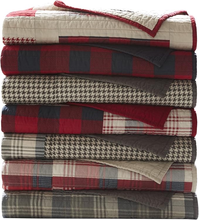 Woolrich Luxury Quilted Throw - Cabin Lifestyle, Patchwork with Moose Design All Season, Lightweight and Breathable Cozy Bedding Layer Throws for Couch Sofa, 50" W x 70" L, Sunset Red