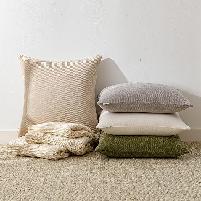 a moment Pack of 2 Decorative Chenille Throw Pillow Covers with Twill Cushion Covers for Sofa Living Room Couch Bed 22x22 Inch Beige
