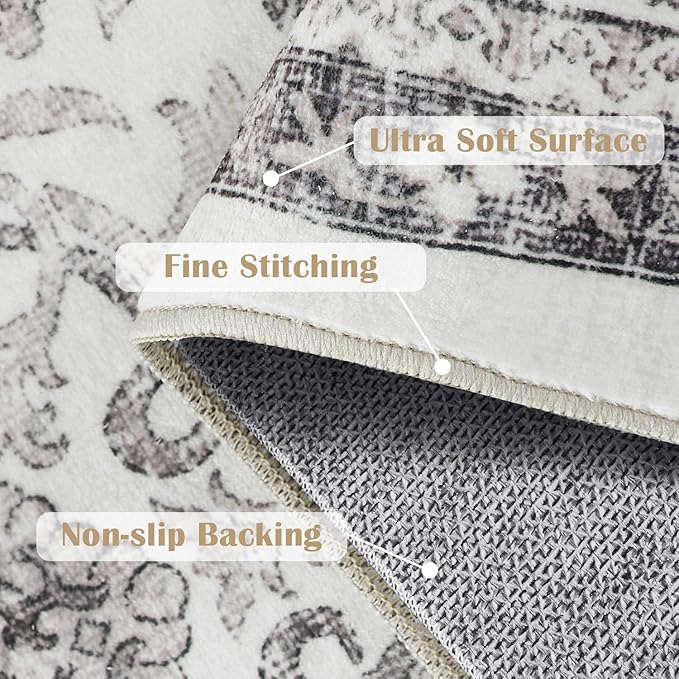 jinchan Hallway Runner Rug 3x10 - Machine Washable Beige Vintage Floral Distressed Design Soft Non-Slip Low-Pile Ultra-Thin Runner Rug for Kitchen Laundry Room Bedroom Farmhouse (3‘x10', Beige)