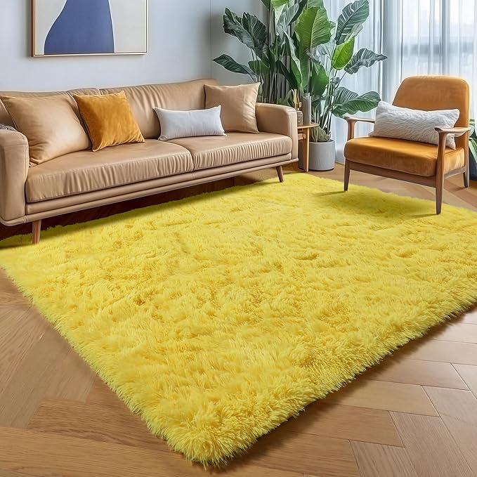 ONASAR Yellow Area Rugs for Bedroom Living Room, Washable Fluffy 4x6 Indoor Bedside Floor Throw Rug, Soft Plush Shaggy Carpet for Nursery Kids Girls Boys Teen Dorm Home Office Decor Aesthetic