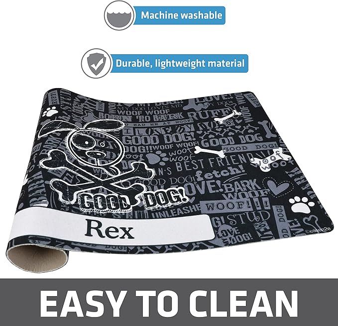 Drymate Personalized Pet Bowl Placemat, Custom Dog & Cat Food Feeding Mat - Absorbent Fabric, Waterproof Backing - Machine Washable/Durable (USA Made) (12" x 20") (Cross Bones - Black)