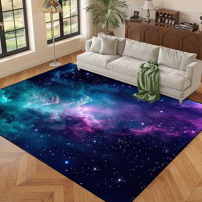 5' X 7' Galaxy Area Rug Dark Blue Starry Sky Carpets for Kids Bedroom Living Room Glitter Outer Space Throw Rugs Floor Mat