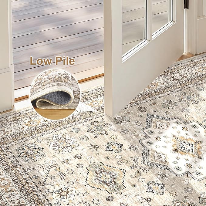 Vintage Living Room Area Rug 2x3 - Large Soft Washable Oriental Traditional Distressed Farmhouse Rugs for Bedroom - Indoor Floor Accent Carpet for Home Office House Decor - Beige