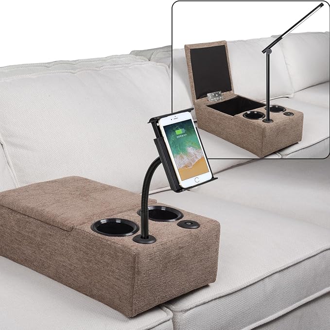 Removable Sofa Armrest with Cup Holder, PU Leather Multifunctional Couch Caddy Storage Arm Rest with Power Wireless Charging Stand & LED Reading Light for Sofa Middle Seat Adjustable