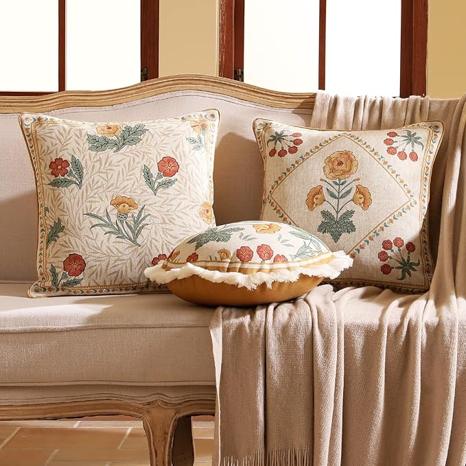 patdrea Designer Throw Pillow Covers for Couch 18"x18",Vintage French Linen Pillows Cover with Daisy Floral Pattern,Beige Soft Farmhouse Decorative Square Cushion for Bed,Outdoor,Set of 2