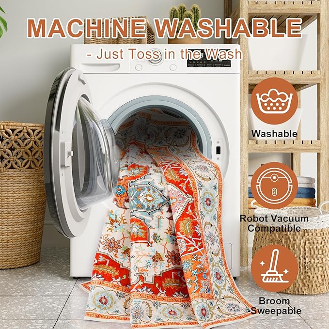 WILLSUN Washable Area Rugs, 2x3 Non-Slip Boho Small Area Rugs for Entryway, Kitchen, Bathroom, Machine Washable Vintage Rug, Indoor Floral Print Carpet for Home Decor, Kid & Pet Friendly Mat