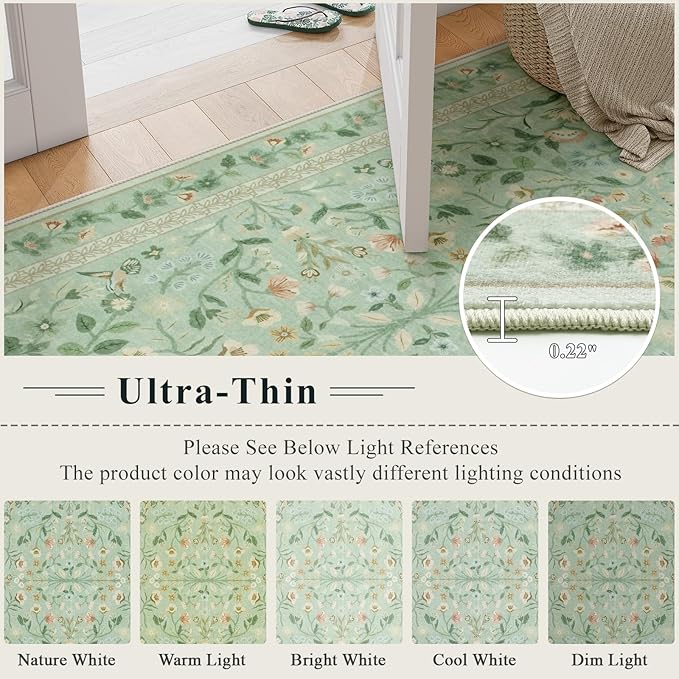 Lahome Floral Washable Area Rugs 8x10, Non-Slip Living Room Carpet Soft Tumble Washable Rugs for Bedroom Nursery, Vintage Botanical Print Carpet for Classroom Kids Room Dining Room, Sage