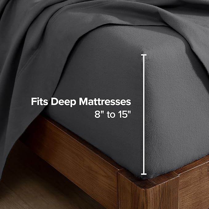 Bare Home Flannel Fitted Bottom Sheet 100% Cotton, Velvety Soft Heavyweight - Double Brushed Flannel - Deep Pocket (Queen, Grey)