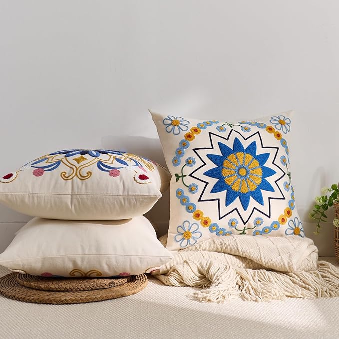 Embroidered Throw Pillow Cover 20x20 Classic Boho Floral Pattern Pillows Cover Outdoor Decorative Pillowcase,Durable Cozy Textured Cushion Case for Sofa Couch Bed Living Room,Blue Orange