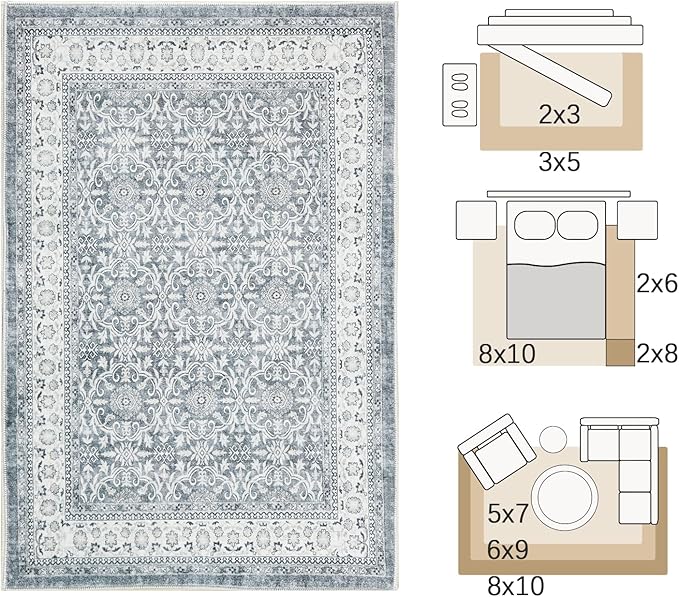 jinchan Floral 2x3 Rugs for Entryway - Machine Washable Grey Vintage Distressed Boho Design Soft Faux Wool Small Non-Slip Doormat for Entrance Kitchen Living Room Bedroom Farmhouse (2‘x3', Grey)