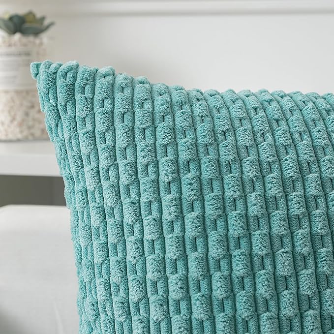 Kevin Textile 14x36 Inch Long Lumbar 1 Pack Boho Decorative Throw Pillow Cover Soft Striped Corduroy Rectangle Cushion Case Farmhouse Solid Color Accent for Living Room Couch Sofa Bed, Aqua Green