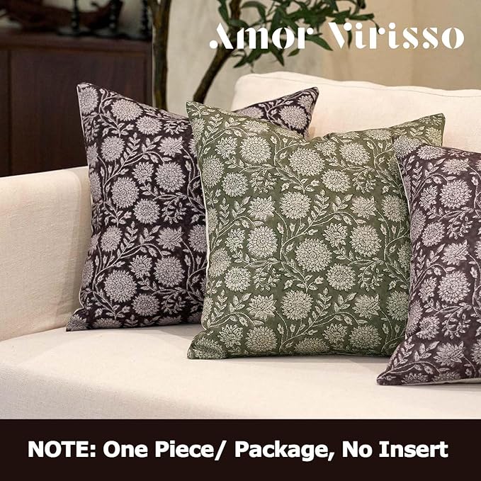 Amor Virisso Floral Pillow Covers 18x18 Throw Pillow Covers Vintage Block Print Pillow Cover Neutral Couch Pillows for Living Room Farmhouse Decorative Accent Sofa Pillows, Dusty Green