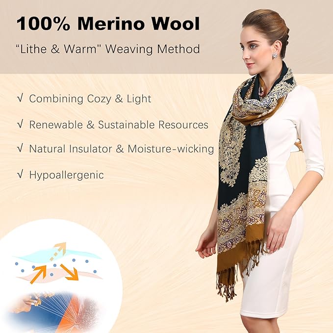DANA XU 100% Merino Wool Extra Large Pashmina Blanket Travel Scarf Cashmere Wrap for Women Fall Winter Oversize Shawl Floral