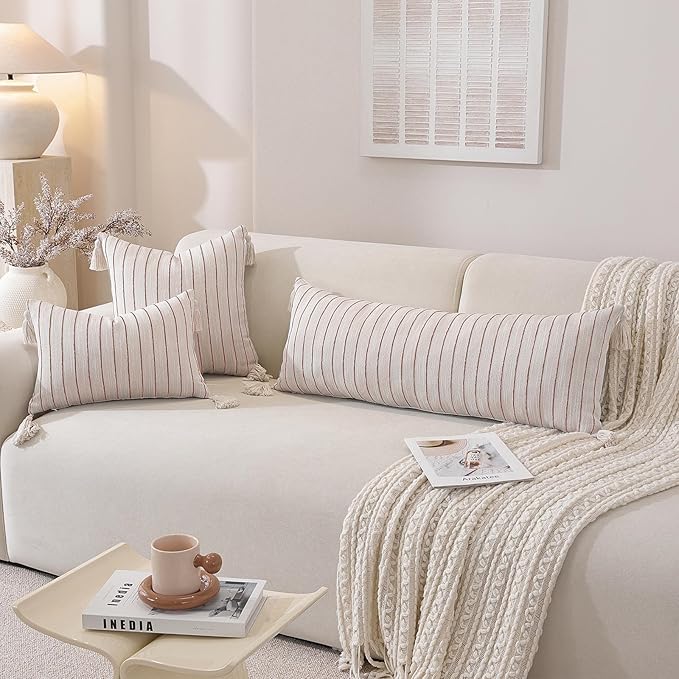 Decorative Boho Throw Pillow Covers 20x12 Inch Set of 2, Textured Linen Striped Lumbar Throw Pillows with Tassels, Soft & Cozy Farmhouse Decor Cushion Covers for Couch Bed Living Room