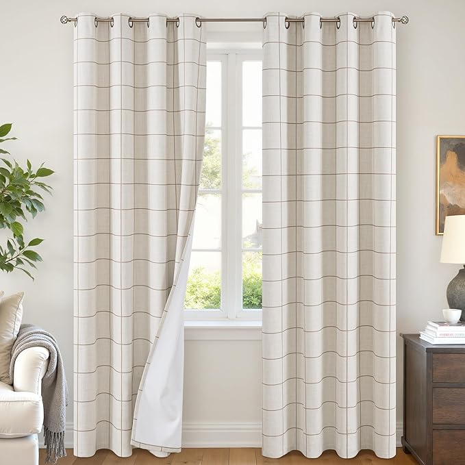 Brown Linen Blackout Curtains for Living Room - Boho Plaid Pattern Thermal Insulated Grommet Cottage Core Window Treatments Rustic Drapes for Farmhouse, 52x84 Inch 2 Panels