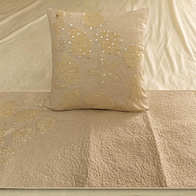 The HomeCentric King Queen Twin Beige Handmade Full 68"x18" Bed Runner with Pillow Cover, Pearl Embroidery Bed Scarf on Linen Fabric - Off to The Sea