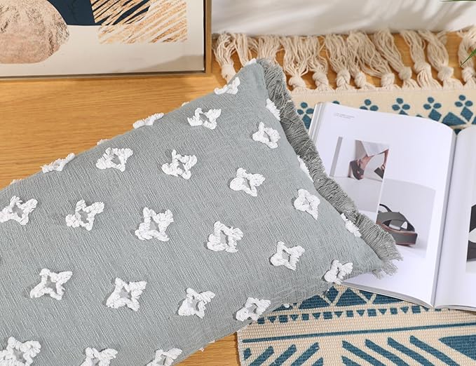 Boho Long Lumbar Pillow Cover 14x28 with Tassel,3D Flower Patterned Cotton Decorative Long Lumbar Pillow Cover Pillow Case for Sofa Couch Bed Livingroom Farmhouse,Blue Grey