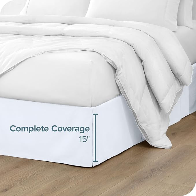 Bare Home Full Bed Skirt - 15-Inch Tailored Drop Easy Fit - Bed Skirt for Beds - Center & Corner Pleats (Full, White)