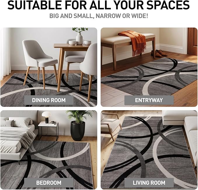 Rugshop Wavy Circles Design Area Rug, Non-Shedding Carpet for Living Room, Dining Room, or Bedroom, Gray, 7'10" x 10'2"