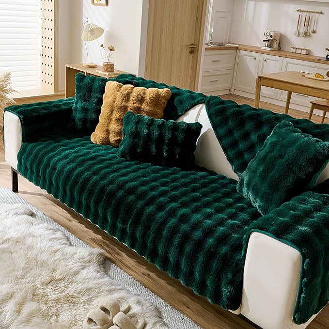 Christmas Faux Fur Couch Cover Fuzzy Soft Plush Thick Bubble Sofa Cover Luxury Sectional Couch Covers Luxury Anti-Slip Sofa Slipcover Washable Furniture Protector (Dark Green,36"x63")