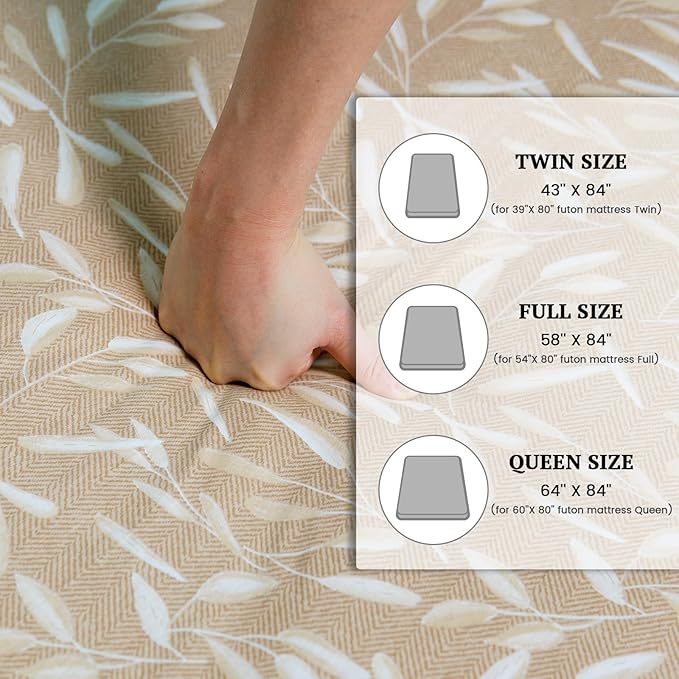 ZonLi Futon Mattress Cover Queen Size for Traditional Japanese Floor Futon Mattress with Zipper,Tatami Floor Sleeping Mat Cover,Super Soft and Machine Washable (64‘’x84‘’, Beige Leaves)
