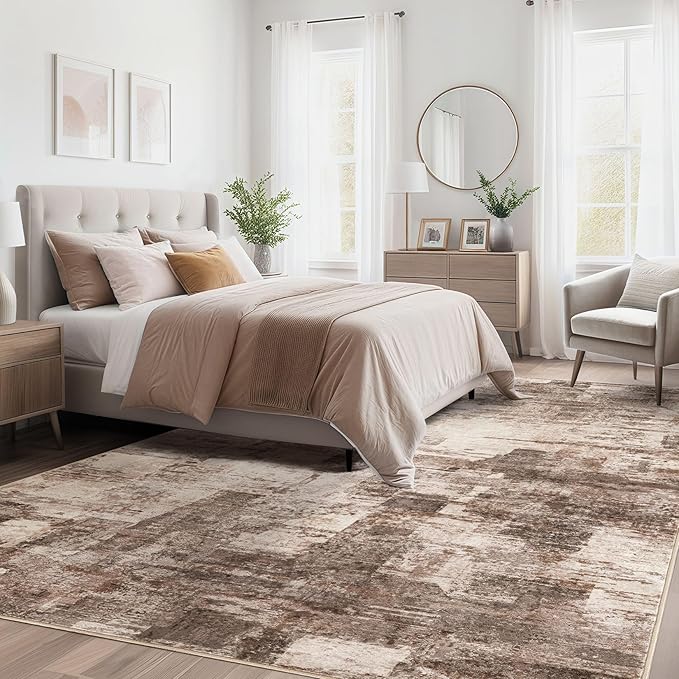Abstract Living Room Rug 8x10 - Modern Washable Soft Thin Area Rug for Living Room Bedroom Under Dining Table - Neutral Indoor Floor Rug Carpets for Home Office Playroom Nursery - Brown