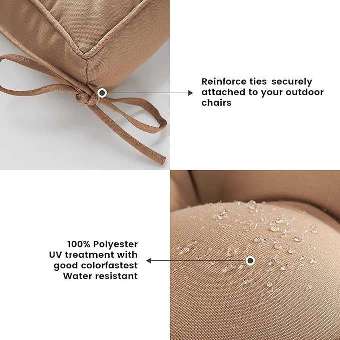 ARTPLAN Outdoor Seat Cushion,Square Thick Tufted Pure Chair Cushion for Patio Wicker Chair with Tie,Set of 2,19"x19"x5"，Light Brown