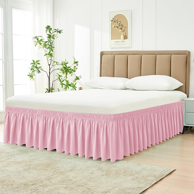 Biscaynebay Wrap Around Bed Skirts for Full & Full XL Beds 15" Drop, Pink Adjustable Elastic Dust Ruffles Easy Fit Wrinkle & Fade Resistant Silky Luxurious Fabric Machine Washable