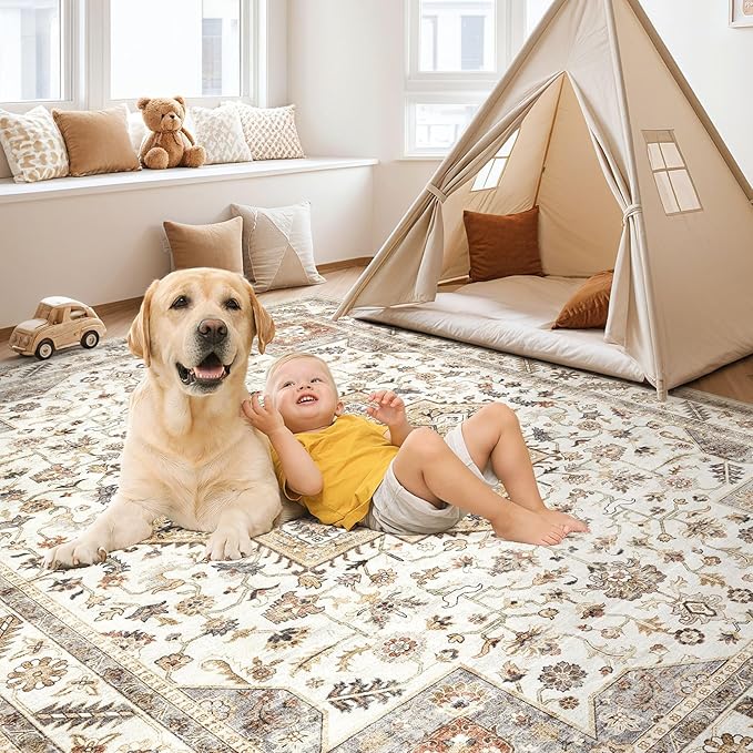 Vintage Living Room Area Rug 5x7 - Large Soft Washable Oriental Traditional Distressed Farmhouse Rugs for Bedroom - Indoor Floor Accent Carpet for Home Office House Decor - Golden Taupe