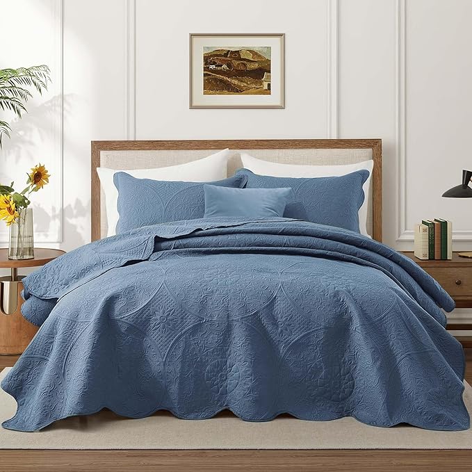 IR Imperial Rooms 8 Pack Quilt King Size Bedding (106" x 96") - Bulk Wholesale for Hotels, Guest Bedroom & Airbnbs - Lightweight Microfiber Reversible Floral Embossed Quilts Bedspreads (Light Blue)