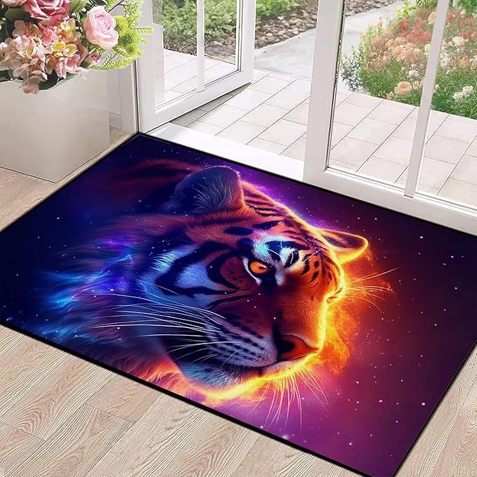 Galaxy Tiger Rug 3D Fierce Tigers Area Rugs for Bedroom Living Room Playroom Gameroom Boys Kids Fire Glitter Carpet Throw Rugs Floor Mat 63 in x 31 in