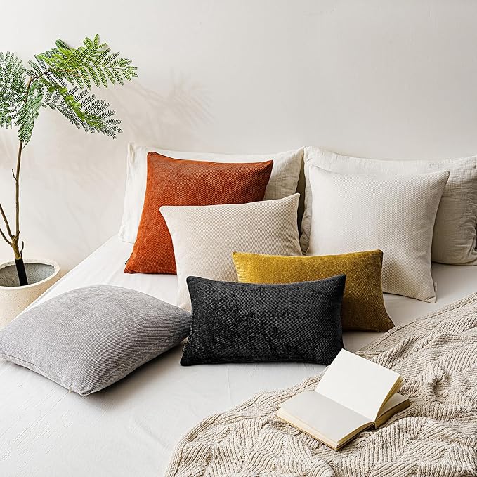 a moment Pack of 2 Decorative Chenille Throw Pillow Covers with Twill Cushion Covers for Sofa Living Room Couch Bed 16x16 Inch Black