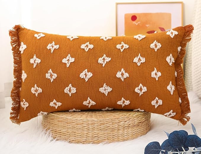 Boho Long Lumbar Pillow Cover 14x24 with Tassel,3D Flower Patterned Cotton Decorative Long Lumbar Pillow Cover Pillow Case for Sofa Couch Bed Livingroom Farmhouse,Rust Red