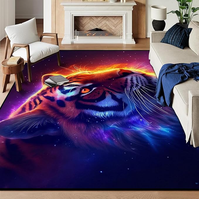 6' x 9' Galaxy Tiger Rug Large 3D Fierce Tigers Space Area Rugs for Bedroom Living Room Playroom Gameroom Boys Kids Fire Glitter Carpet Throw Rugs Floor Mat,180 X 275cm