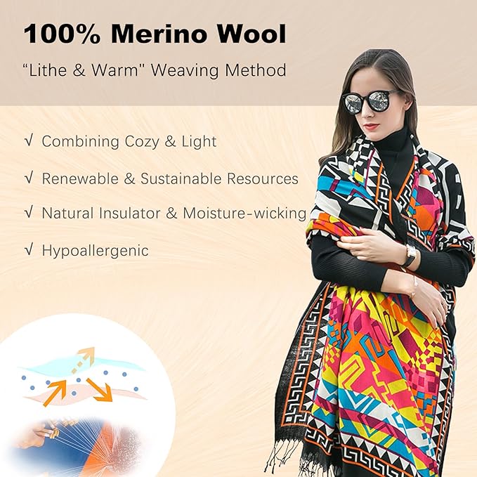 DANA XU 100% Merino Wool Pashmina Shawl for Women 96"x43", Oversized Cashmere Wrap with Tassels, Floral Travel Blanket Cape