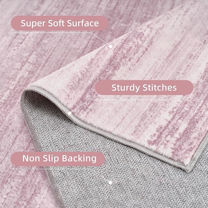 PADOOR Modern Abstract Area Rug - 3x5 Washable Rugs Non-Slip Small Carpet, Ultra Soft Low Pile Floor Rugs for Entrance Front Door Bedroom Bedside Laundry Room Pink