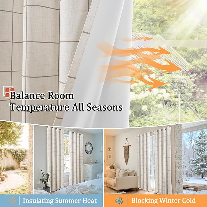 Brown Linen Blackout Curtains for Living Room - Boho Plaid Pattern Thermal Insulated Grommet Cottage Core Window Treatments Rustic Drapes for Farmhouse, 52x84 Inch 2 Panels