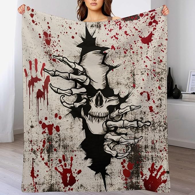 Horror Skull Throw Blanket, Halloween Day of The Dead Vintage Gothic Scary Blood Hand Soft Warm Fleece Blanket for Bed Couch Living Room All Season, 50"x60"