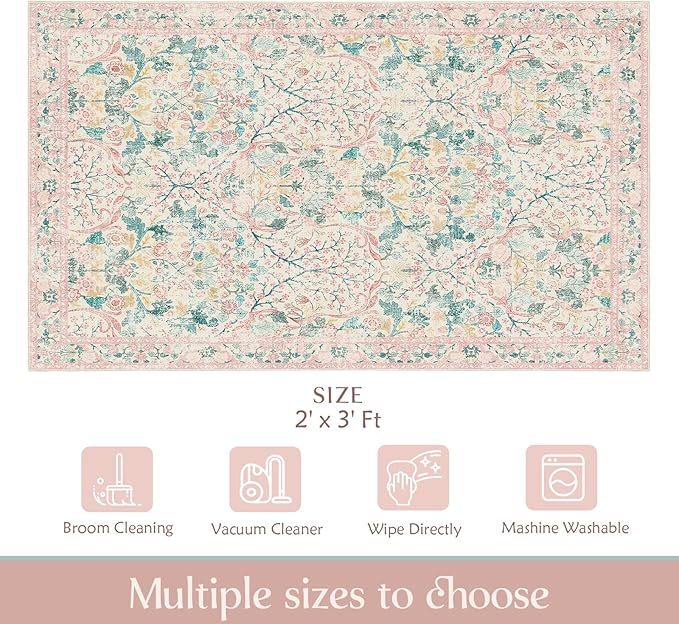 MUJOO 2x3 Washable Rug,Pink Floral Small Area Rugs for Bathroom Entryway Entry Bedroom Bedside,Boho Front Door Mat Indoor Entrance Throw Carpet Botanical Vintage Non Slip Ultra-Thin