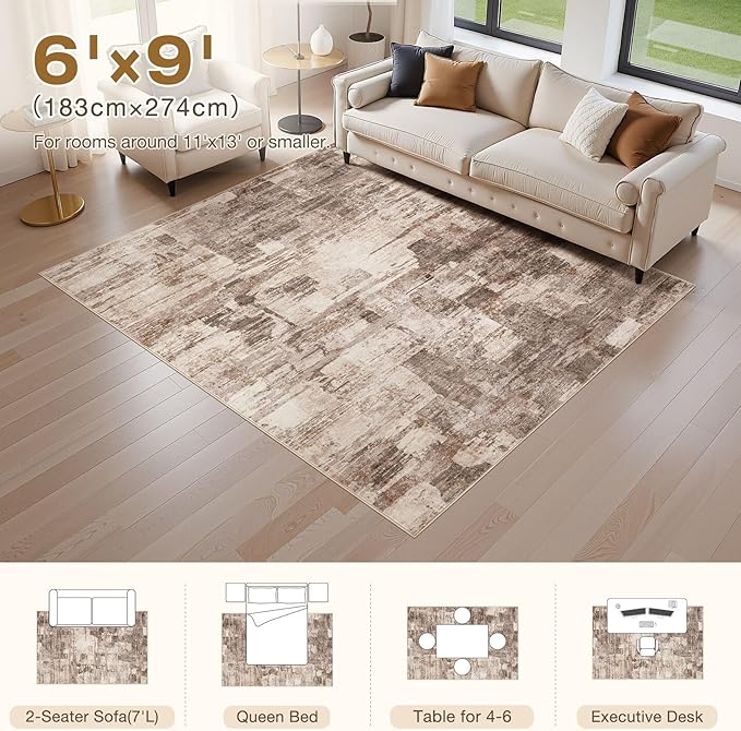 Abstract Living Room Rug 6x9 - Modern Washable Soft Thin Area Rug for Living Room Bedroom Under Dining Table - Neutral Indoor Floor Rug Carpets for Home Office Playroom Nursery - Brown