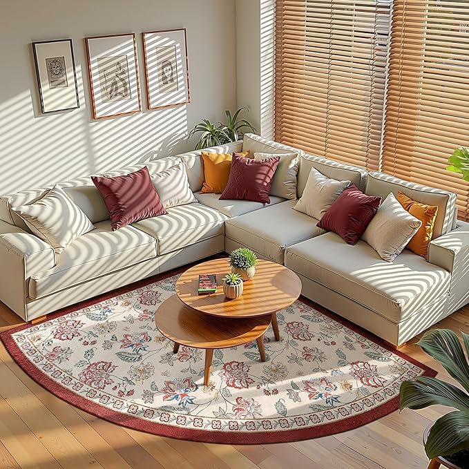 jinchan Elora Floral Corner Rug for Living Room Washable Rug Vintage Romance Christmas Design Non Slip Quarter Circle Lightweight Low-Pile Throw Carpet for Reading Playroom, 6ft Radius, Red/Beige