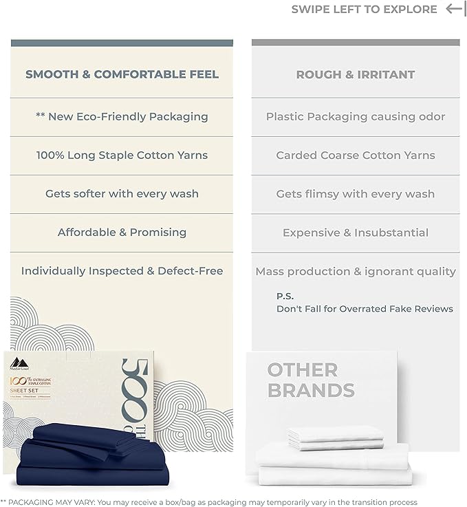 Mayfair Linen 500 Thread Count California King Cotton Sheets - 4 PC Cal King Size Bed Sheet Set Cotton (Navy Blue), Soft, Cooling, Sateen 16" Deep Pocket Bedsheet for Hot Sleepers (Fits 18" Mattress)