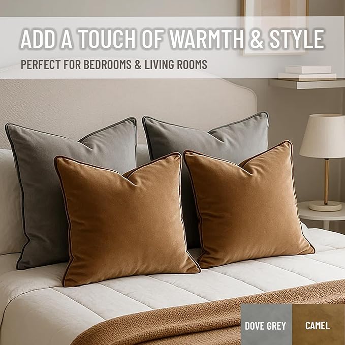 2 Pack Velvet Decorative Throw Pillow Covers, 12"x20", Beige and Brown, Solid, Modern, Contrast Piping, Indoor Use, Bedroom & Living Room