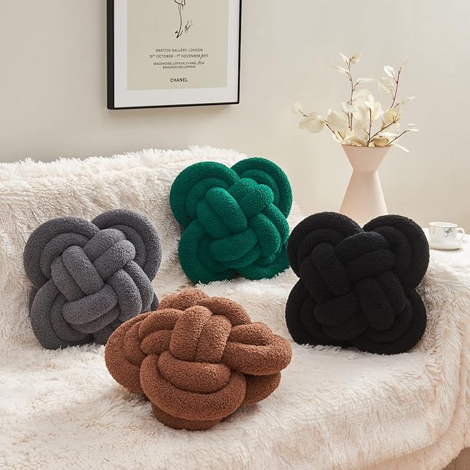 Xiashrk Knot Pillow Ball, 12" Soft Decorative Throw Pillows for Couch Bed, Dark Gray Knotted Plush Throw Pillow Handmade Square Cushion Home Couch Decor Pillows for Living Room
