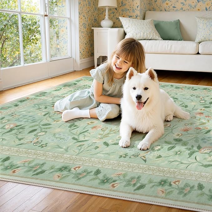 Lahome Floral 9 x 12 Area Rugs for Living Room, Green Non-Slip Untra-Thin Washable Dining Room Rug, Vintage Botanical Print Low-Pile Soft Carpet for Bedroom Office, Sage