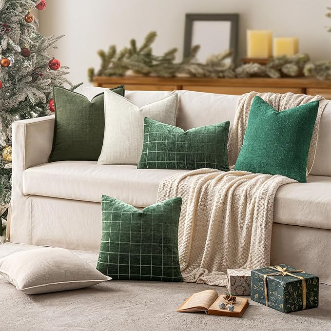 MIULEE Christmas Decorative Euro Sham Pillow Covers 24x24, 2 Pack Large Boho Farmhouse Neutral Throw Pillows for Bed, Thick Textured Modern Linen Cushion Cases Couch Living Room Home Decor, Dark Green