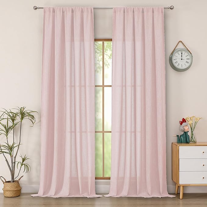 Simplebrand Blush Semi Sheer Faux Linen Textured 120 Inches Long Curtains 2 Panels Set, Privacy Farmhouse Window Drapes for Living Room/Birthday Party/Hallway Window Guest Room, 10FT, 50 x 120 Inch