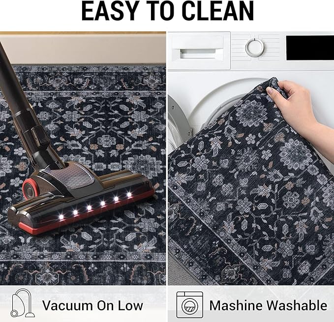 KUTA Runners for Hallways 2x6, Vintage Floral Rug Non-Slip Washable Kitchen Rugs Black Grey Orange Ultra Thin Soft Printed Distressed Flower Carpet Entryway Rugs for Bedroom Laundry Nursery